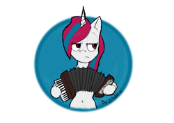 Size: 888x628 | Tagged: safe, artist:zibdan, oc, oc:snowi, pony, unicorn, accordion, blue hair, female, horn, mare, musical instrument, playing, plays the accordion, red and blue, red eyes, red hair, white pony