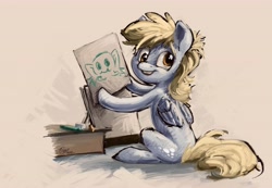 Size: 6279x4339 | Tagged: safe, artist:rigbyh00ves, derpy hooves, frog, pegasus, pony, g4, absurd resolution, crayon, cute, derpabetes, drawing, female, looking at you, mare, sitting, smiling, smiling at you, solo