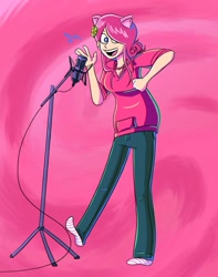 Size: 792x1005 | Tagged: safe, artist:kyle labriola, pinkie pie, human, g4, brittany lauda, clothes, cosplay, costume, facebook, humanized, jewelry, microphone, necklace, open mouth, open smile, pearl necklace, smiling, socks, stocking feet
