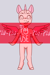 Size: 600x900 | Tagged: safe, artist:lavvythejackalope, oc, oc only, alicorn, anthro, unguligrade anthro, alicorn oc, base, horn, obtrusive watermark, pay to use, smiling, spread wings, watermark, wings