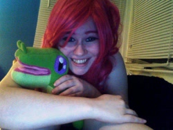 Size: 640x480 | Tagged: safe, artist:breefaith, gummy, human, g4, brittany lauda, irl, irl human, photo, plushie, smiling