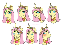 Size: 3616x2771 | Tagged: safe, artist:infrej, oc, oc only, oc:princess fluttershy, alicorn, pony, au:friendship is kindness, alicorn oc, alicornified, alternate design, alternate hairstyle, alternate universe, bust, commission, element of kindness, emoticon, female, high res, horn, jewelry, mare, race swap, solo, tiara, wings, ych result