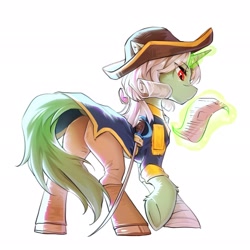 Size: 2048x2048 | Tagged: safe, artist:swaybat, oc, oc only, pony, unicorn, bandage, boots, glowing horn, hat, high res, horn, magic, shoes, simple background, solo, sword, telekinesis, weapon, white background