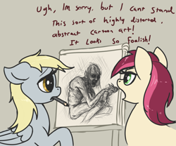 Size: 2868x2388 | Tagged: safe, artist:t72b, derpy hooves, roseluck, earth pony, pegasus, pony, wendigo, g4, dialogue, drawing, female, gollum, high res, horse puns, mare, mouth hold, open mouth, pencil, pun, simple background, sketch