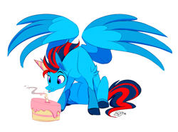 Size: 2000x1480 | Tagged: safe, artist:probablyfakeblonde, oc, oc only, oc:andrew swiftwing, pegasus, pony, birthday cake, blowing, cake, candle, food, hat, party hat, spread wings, wings