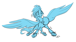 Size: 2296x1270 | Tagged: safe, artist:probablyfakeblonde, oc, oc only, oc:andrew swiftwing, pegasus, pony, helmet, nervous, roller skates, sketch, spread wings, wings