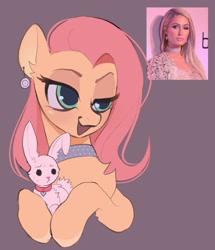 Size: 1760x2048 | Tagged: safe, artist:draw3, angel bunny, fluttershy, human, pegasus, pony, rabbit, g4, animal, chest fluff, choker, chokershy, collar, ear piercing, earring, irl, irl human, jewelry, lidded eyes, open mouth, out of character, paris hilton, photo, piercing, reference, smiling