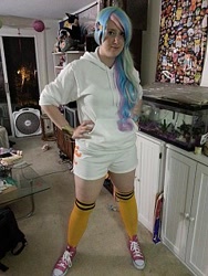Size: 240x320 | Tagged: safe, princess celestia, human, g4, clothes, converse, cosplay, costume, hand on hip, irl, irl human, photo, picture for breezies, shoes, shorts, sneakers