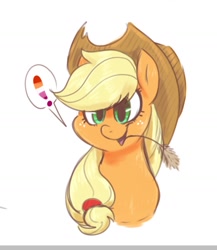 Size: 993x1142 | Tagged: safe, artist:xekinise, applejack, earth pony, pony, g4, exclamation point, female, hat, lesbian, lesbian pride flag, mare, open mouth, pride, pride flag, simple background, sketch, smiling, solo, straw in mouth, white background