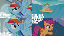 Size: 1280x720 | Tagged: safe, edit, edited screencap, editor:quoterific, screencap, rainbow dash, scootaloo, pegasus, pony, g4, season 6, the cart before the ponies, cart, female, filly, flying, goggles, mare, open mouth, smiling