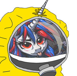 Size: 620x616 | Tagged: safe, oc, oc:snowi, pony, unicorn, blue hair, female, gas mask, hazmat suit, head, horn, horn impalement, mare, mask, protective suit, red and blue, red eyes, red hair, tongue out