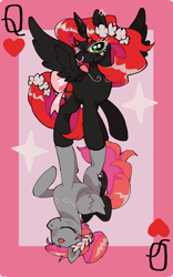 Size: 1122x1797 | Tagged: safe, artist:memorizor, oc, oc only, alicorn, pegasus, pony, black coat, commission, flower, flower in hair, gray coat, heart, jewelry, playing card, queen, red mane, reflection, two sides