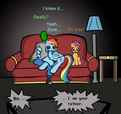 Size: 2550x2392 | Tagged: safe, artist:vareb, rainbow dash, scootaloo, oc, oc:anon, human, pegasus, pony, g4, couch, cute, high res, hug, lamp, movie night, star wars, table, television, text, wholesome, winghug, wings