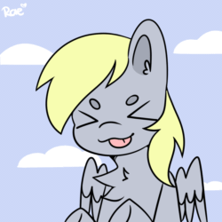 Size: 1200x1200 | Tagged: safe, artist:kokoaapuff, derpy hooves, pegasus, pony, g4, :p, ><, animated, beanbrows, bust, chest fluff, cute, dancing, derpabetes, ear fluff, eyebrows, eyes closed, sky background, solo, tongue out, xp