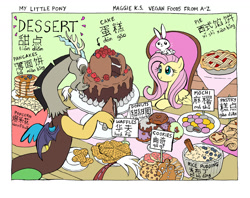Size: 1280x1016 | Tagged: safe, artist:ksmaggie, angel bunny, discord, fluttershy, draconequus, pegasus, pony, rabbit, g4, angel riding fluttershy, animal, bilingual, cake, chinese, cookie, donut, english, eyes closed, female, food, male, mare, mochi, open mouth, open smile, pancakes, pie, popcorn, rabbits riding ponies, smiling, trio, waffle