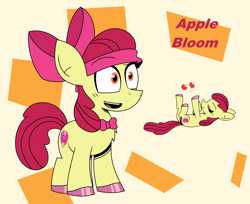 Size: 1280x1046 | Tagged: safe, artist:askbasicallybasics, apple bloom, earth pony, pony, g4, bowtie, eyes closed, female, filly, headband, lying down, on back, open mouth, open smile, smiling, solo