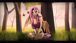 Size: 8000x4500 | Tagged: safe, artist:imafutureguitarhero, fluttershy, bird, butterfly, pegasus, anthro, unguligrade anthro, art pack:summer booty, 3d, absurd resolution, alternate hairstyle, belly button, black bars, blushing, cheek fluff, chromatic aberration, clothes, colored eyebrows, colored eyelashes, crossed legs, cute, cute little fangs, daaaaaaaaaaaw, ear fluff, ear piercing, earring, fangs, female, film grain, floppy ears, fluffy, forest, grass, hair over one eye, headband, hippieshy, jeans, jewelry, letterboxing, mare, outdoors, pants, piercing, revamped anthros, revamped ponies, shorts, shoulder fluff, shyabetes, signature, sitting, sitting on ground, smiling, solo, source filmmaker, tanktop, tree, wall of tags, wings