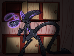 Size: 998x758 | Tagged: safe, artist:lilithgalac, oc, oc only, oc:scratch, oc:sone, alien, pony, unicorn, xenomorph, alien (franchise), cookie, dark, flashlight (object), food, solo, xenoquine