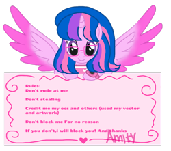 Size: 1146x1015 | Tagged: safe, artist:徐詩珮, oc, oc only, oc:hsu amity, alicorn, pony, glasses, looking at you, smiling, spread wings, text, wings