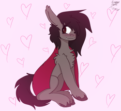 Size: 1509x1383 | Tagged: safe, artist:revenge.cats, bat pony, pony, blanket, blushing, falling in reverse, fangs, male, pink background, ponified, ronnie radke, simple background, sitting, solo, stallion