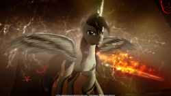 Size: 3265x1837 | Tagged: safe, artist:princeoracle, oc, oc:prince oracle, alicorn, pony, 3d, alicorn oc, appaloosa, coat markings, crown, embers, epic, fire, glorious, glowing, gmod, green eyes, hair, horn, inspired by a song, jewelry, luminescent, majestic, male, mane, realistic mane, regalia, royalty, solo, song in the description, spread wings, stallion, sword, tail, weapon, wings