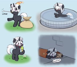 Size: 4000x3504 | Tagged: safe, artist:heretichesh, oc, oc only, oc:s.leech, pony, unicorn, bag, bald face, blank flank, blanket, blaze (coat marking), blushing, coat markings, eating, eyes closed, facial markings, female, filly, food, fountain, hat, homeless, ice cream, ice cream cone, licking, party hat, party horn, solo, swimming, teddy bear, tongue out