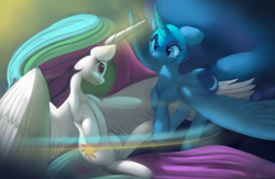 Size: 7200x4700 | Tagged: safe, artist:auroriia, princess celestia, princess luna, alicorn, pony, g4, princess twilight sparkle (episode), absurd resolution, crying, curved horn, duo, duo female, female, horn, mare, nightmare luna, reference, royal sisters, siblings, sisters, spread wings, wings