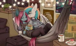 Size: 2301x1400 | Tagged: safe, artist:lonerdemiurge_nail, oc, oc only, oc:twister joy, pegasus, unicorn, anthro, book, couch, drink, duo, fork, hammock, hot drink, pillow, string lights