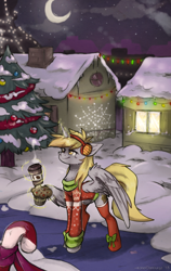 Size: 1956x3100 | Tagged: safe, artist:lonerdemiurge_nail, derpy hooves, alicorn, pony, g4, alicornified, candy, candy cane, christmas, christmas lights, christmas sweater, christmas tree, clothes, coffee cup, crescent moon, cup, derpicorn, earmuffs, food, holiday, levitation, magic, moon, muffin, night, race swap, snow, solo, sweater, telekinesis, tree, winter