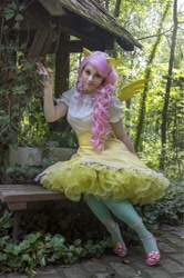 Size: 1361x2048 | Tagged: safe, artist:inochii cosplay, fluttershy, human, g4, clothes, cosplay, costume, forest, irl, irl human, photo, sitting