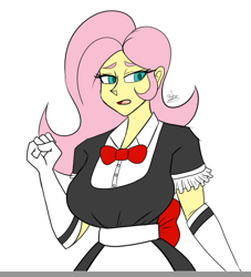 Size: 525x577 | Tagged: safe, artist:zachc, fluttershy, equestria girls, g4, big breasts, bowtie, breasts, busty fluttershy, clothes, dress, evening gloves, female, fluttermaid, gloves, long gloves, maid, solo, wip