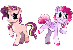 Size: 2381x1634 | Tagged: safe, artist:moccabliss, oc, oc only, pegasus, pony, unicorn, base used, coat markings, curved horn, female, freckles, horn, magical lesbian spawn, mare, offspring, parent:pinkie pie, parent:rainbow dash, parent:sunset shimmer, parent:twilight sparkle, parents:pinkiedash, parents:sunsetsparkle, simple background, socks (coat markings), transparent background