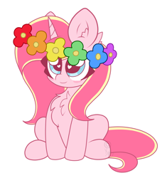 Size: 3175x3377 | Tagged: safe, artist:kittyrosie, oc, oc only, oc:rosa flame, pony, unicorn, 2018, blushing, chest fluff, cute, ear fluff, floral head wreath, flower, flower in hair, heart, heart eyes, high res, ocbetes, simple background, sitting, solo, white background, wingding eyes
