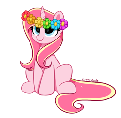Size: 3688x3573 | Tagged: safe, artist:kittyrosie, oc, oc only, oc:rosa flame, pony, unicorn, blushing, cute, floral head wreath, flower, flower in hair, heart, heart eyes, high res, ocbetes, redraw, simple background, sitting, solo, white background, wingding eyes