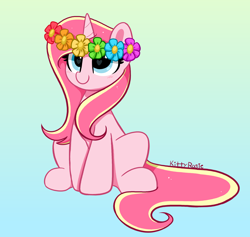 Size: 3688x3499 | Tagged: safe, alternate version, artist:kittyrosie, oc, oc only, oc:rosa flame, pony, unicorn, blushing, cute, floral head wreath, flower, flower in hair, gradient background, heart, heart eyes, high res, ocbetes, redraw, sitting, solo, wingding eyes