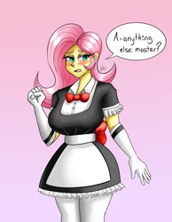 Size: 1400x1800 | Tagged: safe, artist:zachc, fluttershy, equestria girls, g4, big breasts, blushing, bowtie, breasts, busty fluttershy, clothes, dialogue, dress, evening gloves, female, fluttermaid, gloves, gradient background, long gloves, maid, master, socks, solo, thigh highs