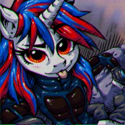 Size: 894x894 | Tagged: safe, artist:porcelain eyepiece, oc, oc:snowi, pony, unicorn, fallout equestria, fallout equestria: project horizons, blue hair, clothes, eyelashes, fallout, fanfic art, female, horn, jumpsuit, mane, mare, not blackjack, red and blue, red eyes, red hair, solo, stabel-tec uniform, tongue out, uniform, vault, vault 44, vault security armor, vault suit