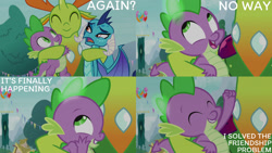 Size: 1280x720 | Tagged: safe, edit, edited screencap, editor:quoterific, screencap, princess ember, spike, thorax, changedling, changeling, dragon, g4, season 7, triple threat, ^^, cute, dragoness, eyes closed, female, king thorax, male, open mouth, smiling, spikabetes, thorabetes