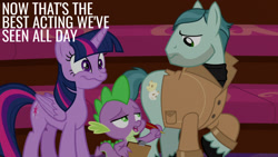 Size: 1280x720 | Tagged: safe, edit, edited screencap, editor:quoterific, screencap, on stage, spike, twilight sparkle, alicorn, dragon, earth pony, pony, g4, horse play, season 8, clipboard, cute, female, male, mare, open mouth, school of friendship, stallion, twiabetes, twilight sparkle (alicorn), wavy mouth