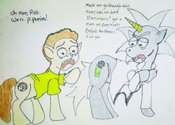 Size: 2951x2103 | Tagged: safe, artist:lunarlunatick, earth pony, pony, unicorn, clothes, crossover, dialogue, doodle, drool, duo, duo male, flask, grandfather and grandchild, grandfather and grandson, high res, lab coat, male, morty smith, open mouth, pickle rick, ponified, raised hoof, rick and morty, rick sanchez, shirt, traditional art