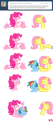 Size: 556x1280 | Tagged: safe, artist:askpinkiepieandfriends, fluttershy, pinkie pie, rainbow dash, earth pony, pegasus, pony, g4, ask, blushing, comic, female, holding a pony, lesbian, mare, open mouth, ship:pinkiedash, shipping, simple background, tumblr, white background