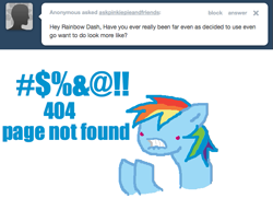 Size: 651x500 | Tagged: safe, artist:askpinkiepieandfriends, rainbow dash, pegasus, pony, g4, 404, ask, bust, censored vulgarity, confused, female, grawlixes, has anyone really been far even as decided to use even go want to do look more like?, http status code, mare, simple background, solo, tumblr, white background, word salad