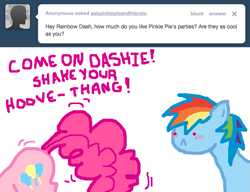 Size: 651x500 | Tagged: safe, artist:askpinkiepieandfriends, pinkie pie, rainbow dash, earth pony, pegasus, pony, g4, ask, balloonbutt, blushing, butt, butt shake, eyes on the prize, female, lesbian, looking at butt, mare, plot, ship:pinkiedash, shipping, simple background, tumblr, white background