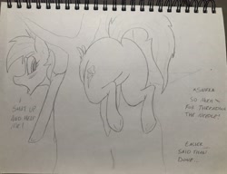 Size: 3928x3018 | Tagged: safe, artist:dynamo1940, rainbow dash, pegasus, pony, g4, butt, buttstuck, dialogue, female, grayscale, high res, mare, monochrome, offscreen character, pencil drawing, plot, rainbutt dash, solo, stuck, stuck between trees, traditional art, tree