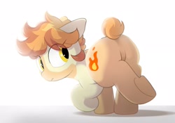 Size: 2048x1446 | Tagged: safe, artist:mochi_nation, oc, oc only, oc:flame egg, earth pony, pony, butt, featureless crotch, female, looking back, mare, plot, raised hoof, simple background, solo, standing on two hooves, underhoof, white background
