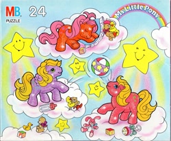 Size: 1509x1243 | Tagged: safe, photographer:absol, baby sparkle north star, baby starflower, bird, duck, earth pony, pegasus, pony, unicorn, g1, official, baby, baby bottle, baby pony, baby sparkle firefly, baby sparkle starflower, ball, blocks, bow, cloud, female, filly, foal, lying down, lying on a cloud, merchandise, milton bradley, my little pony logo, on a cloud, plushie, puzzle, rattle, standing on a cloud, stars, teddy bear, toy, trio, trio female, walking on clouds