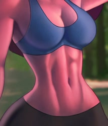 Size: 609x707 | Tagged: safe, alternate version, artist:aozee, pinkie pie, earth pony, anthro, g4, belly button, breasts, busty pinkie pie, clothes, commission, digital art, faceless female, female, offscreen character, shorts, solo, sports bra, sports shorts, tail, thighs, wide hips