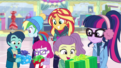 Size: 1920x1072 | Tagged: safe, screencap, lily pad (g4), rainbow dash, sci-twi, sunset shimmer, twilight sparkle, equestria girls, equestria girls specials, g4, my little pony equestria girls: better together, my little pony equestria girls: holidays unwrapped, winter break-in