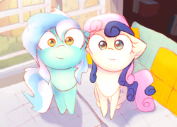 Size: 2800x2000 | Tagged: safe, artist:papersurgery, bon bon, lyra heartstrings, sweetie drops, earth pony, pony, unicorn, g4, adorabon, cute, duo, duo female, female, floppy ears, high res, looking at you, lyrabetes, mare, sitting, smiling