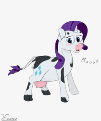 Size: 1048x1248 | Tagged: safe, artist:furnaise, rarity, cow, pony, unicorn, g4, blushing, cowified, female, mare, moo, open mouth, raricow, simple background, solo, species swap, transformation, udder, white background